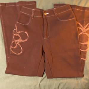 brown flare pants with flower design